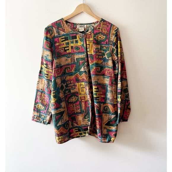 90s Vintage Adini Multi-Color Abstract Print Long Sleeve Tunic Medium - Picture 1 of 7